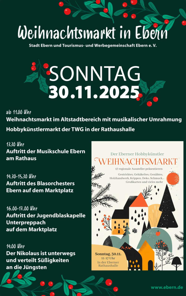 Eberner Weihnachtsmarkt mit Hobbyk&uuml;nstlermarkt im Rathaus