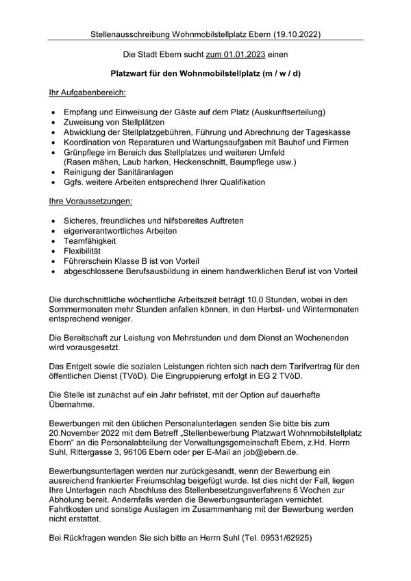 Platzwart f&uuml;r den Wohnmobilstellplatz (m/w/d) gesucht