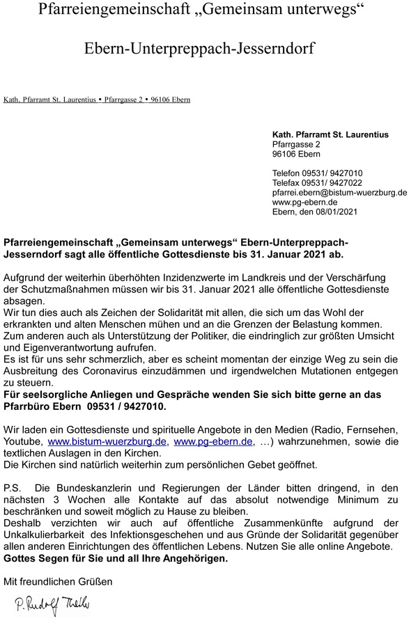 Pfarreiengemeinschaft "gemeinsam unterwegs" sagt Gottesdienste f&uuml;r Januar ab