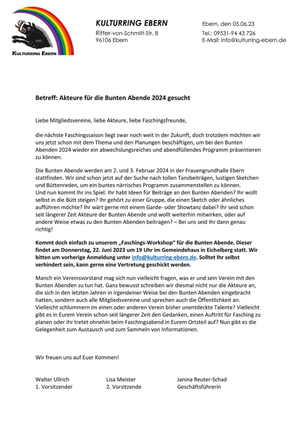 Faschingsakteure f&uuml;r die Bunten Abende 2024 gesucht